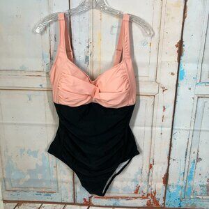 Yonique Women’s Sz 14W One Piece Swimsuit Padded Peach Black Ruching NWT